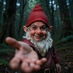 friendly clown gnome sticks out his hand into the camera, greasy sweaty face, pov photograph, highly detailed, in a dark scary forest