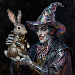 a close - up portrait painting of a mischievous iridescent chrome wizard magician holding up a steampunk rabbit. gloomy dark atmosphere, black background. highly detailed science - fiction painting by norman rockwell, moebius, frank frazetta, and syd mead. rich colors, high contrast. artstation