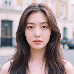 analog head and shoulders frontal face portrait photography of a beautiful woman in london. pastel lighting, soft colors. popular on instagram. depth of field. heavy film grain.