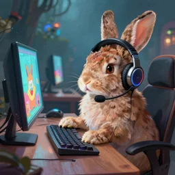 A rabbit playing video games, uplifting , wearing a headset, fantasy, digital painting, trending on ArtStation, HDR shot