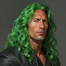 portrait of dwayne johnson, long curly green hair, expressive pose, futuristic, highly detailed, digital painting, artstation, concept art, smooth, sharp focus, by caravaggio
