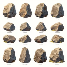 full page of concept designs of rock assets, multiple types of rocks, stylized, artstation, labeled, poster