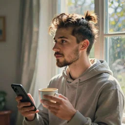 it's morning in the house. a young man with pompadour hairstyle and trimmed beard is looking outside the window while holding a cup in one hand and a smartphone in his other hand. he's wearing a cozy hoodie. sunlight is beautifully lighting the face. depth of field, in the sun, backlit, closeup, oil on canvas, art by monet, 1 9 2 2, in the style of le promenade, smooth, impressionism, 8 k