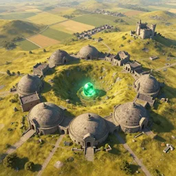a close up overhead view of a small town, located on rolling hills of yellow - green grass. architecture is circular in shape, with large domed rooves made of stone. farmlands are to the north of town, abandoned castle on south west side. in center is a large crater, with a large glowing green gem at the center, several ruined buildings. fantasy art.