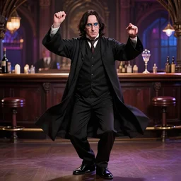 Severus Snape dances in a bar, fish lens, neon, realistic, full body, very detailed, super realistic