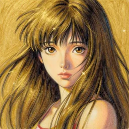 recursive image with a girl looking at you, large eyes, her long hair flowing, surreal, oil pastels and gold, in the style of katsuhiro otomo, modeled in poser, redshift render, uhd