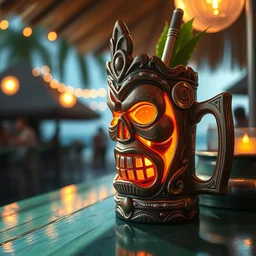 a closeup photorealistic photograph of an iron man style trader vic's tiki mug at the beach bar. bright scene. fine detail. this 4 k hd image is trending on artstation, featured on behance, well - rendered, extra crisp, features intricate detail, epic composition and the style of unreal engine.