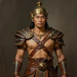 king ramkhaheang, close portrait, historical, ethnic group, traditional tai costume, bronze headset, leather shoulder armor, fantasy, intricate, with leather armor cross onbare chest, elegant, loin cloth, highly detailed, oill painting, artstation, concept art, matte, sharp focus, illustration, hearthstone, art by earl norem