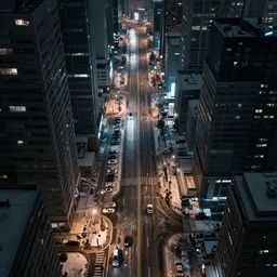 a city street at night, snowing, photograph, cyberpunk, sharp focus, intricate detail, Desolate, drone shot,