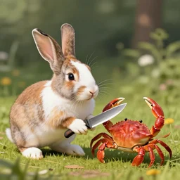 a rabbit with a knife fighting a crab