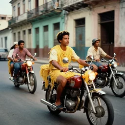 a group of people in 1 9 5 0's cuba driving motorcycles made out of spaghetti, canon 5 0 mm, cinematic lighting, photography, retro, film, kodachrome