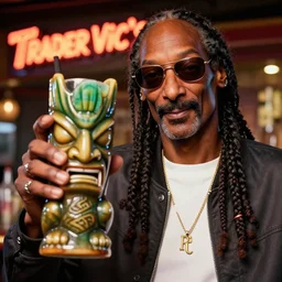 a closeup photorealistic photograph of snoop dogg at trader vic's bar holding a snoop dogg style tiki mug. brightly lit scene. this 4 k hd image is trending on artstation, featured on behance, well - rendered, extra crisp, features intricate detail, epic composition and the style of unreal engine.