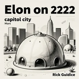 the capitol city called Elon on Mars in 2222, terraforming, dome, Rick Guidice, drawing, future, retro