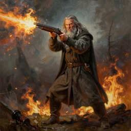 full body portrait of gandalf firing a shotgun, view from below, oil painting, war photo, anger, fire, dramatic, very detailed, 4k, by Jeffrey Smith and Erin Hanson and Chad Knight