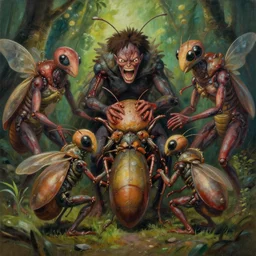 centred painting of biological insectoid humans, pain, agony, octane rendering, trending on artstation, studio ghibli, michael whealan and james gurney