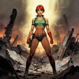 april o'neil by frank frazetta, dramatic lighting, stands amongst the rubble of a battlefield