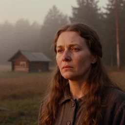 close up portrait bust of woman, tired expression, faded color film, russian cinema, tarkovsky, technicolor, heavy forest, wood cabin in distance, shallow depth of field, long brown hair, old clothing, heavy fog, atmospheric haze, brown color palette, sunset, low light, hudson river school, 4 k, dramatic lighting