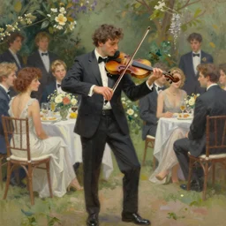 epic matte painting of a violinist performing for guest at a garden party, in the style of mark arian and george gross, digital painting, ornately detailed, muted colors, cinematic lighting