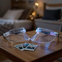 curved transparent projections, volumetric lighting, bedroom, visor, users, pair of keycards on table, bokeh, creterion collection, shot on 7 0 mm, instax
