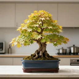 photo of a beautiful maple bonsai tree on a kitchen counter, cinematic, bright, happy, golden ratio,
