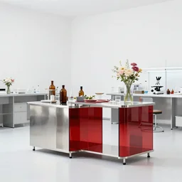 flower shop by white science labotory made of stainless steel and red glass, labotory equipment, minimal