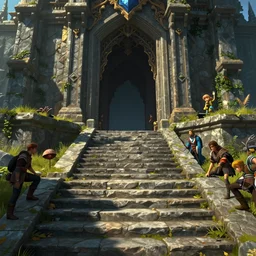 stone steps fantasy leading do a dark portal, artstation by emilia dziubak, will terry, greg olsen, chris mars, ann long, and mark brooks, gret ritkowski dramatic, architecture, colorful clear sharp focus, warcraft architecture