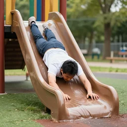 adult sliding down chocolate pudding slip n slide head first, professional photo taken at the park