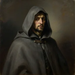 a man wearing a long cloak and hood, shadowy face, oil painting, portrait, high detail