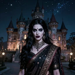 Portrait of a riveting vampire woman from India!, atmospheric lighting, dressed in a sari, gothic makeup, intricate, Transylvanian castle, volumetric lighting, beautiful, starlit sky, sharp focus, ultra-detailed, by Tom Bagshaw Leesha Hannigan, Ross Tran, Thierry Doizon, Kai Carpenter, Ignacio Fernández Ríos