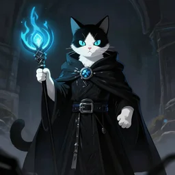black and white cat sorcerer, dnd fantasy digital art by Greg Rutkowski, extremely neon blue accents