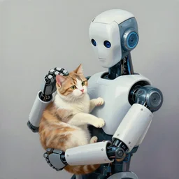 a humanoid robot holding a cat in its arms while it pets it gently on the head, stylized painting