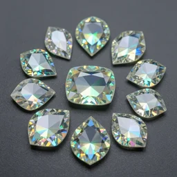material study, geometric shape holographic gemstones and crystals, translucent, fluorescent, glowing, beautiful, low light, colorful, sharp focus, highly detailed, 4 k, black background