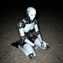 An unprofessional photo of a cybernetic girl sitting on a dirty floor in the dark, camera flash, weird, scary, documentary photo