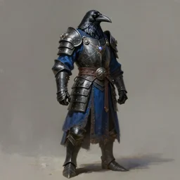 full - length portrait of a crow humanoid warrior in heavy black armor, blue clothes. bloom, lighting. digital painting, hd, detailed.