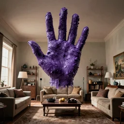 a giant hand made of purple wax float through the living room film still from the movie directed by denis villeneuve with art direction