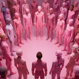 love, diverse pink cybersuits, from behind, connection rituals, wide wide angle, vivid, elaborate, highly detailed, beautiful lighting