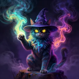wizard cat, painting, dramatic, luminescent, colorful, smoke, mighty