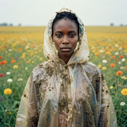 a closeup portrait of a woman wearing a cloak made of plastic and mud, in an infinite landscape of flowers, photograph by kehinde wiley, canon eos c 3 0 0, ƒ 1. 8, 3 5 mm, 8 k, medium - format print