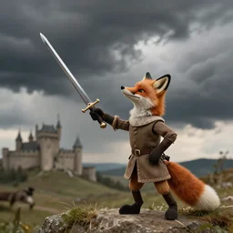 anthropomorphic fox!! puppet who is a medieval knight holding a sword towards a stormy thundercloud [ 1 9 3 0 s film still ], castle in the background