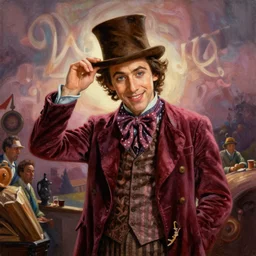 nathan fielder as willy wonka, realistic oil painting