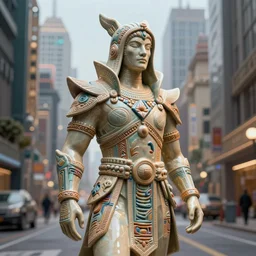 ceramic bounty hunter neocyberpunk in tribal regalia, on the street under skyline buildings and streets, an idea seep's into infinity highly detailed in volumetric latent space, cinematic light, sharp focus, divine realm of gods, octane render,