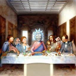 rick and morty at the last supper, drawn by da vinci