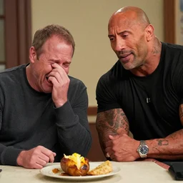 Steve Harvey and Dwayne the Rock Johnson crying over a burnt potato