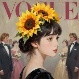 sunflower tiara, masquerade ball, korean audrey hepburn, vogue magazine, greg rutkowski, john singer sargent, trending on artstation, anime, oil painting, side profile portrait, looking right, serene, intricate