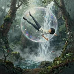 hyperrealist painting of a skinny grey scientist falling out a bubble in the sky in a waterfall from howl's moving castle ( 2 0 0 4 ) jungle. moody, misty, depth perception.