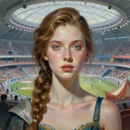 artstyle Tom Bagshaw, ultra realist soft painting of a single female mixed in the curiosities carnival, partial symmetry accurate features, very intricate details, futuristic sport arena, focus, curvy, award winning