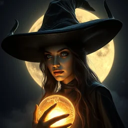 portrait of moon witch, beautiful, attractive, glowing, jaw dropping, magical, dynamic lighting, dark, menacing, 4 k octane render, age 2 0, background moon