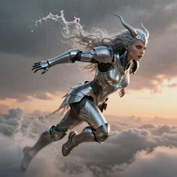 full body shot of a biblical diabolical beautiful female valkyree android, shiny plastic armor, fly, dynamic pose, splashing, heavy eyes to the side, closeup, bright glowing veins, in clouds, rain, sunset, portrait, by gerald brom, by mikhail vrubel, by peter elson, muted colors, extreme detail, reflections, trending on artstation, 8 k