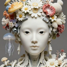 hyper detailed ultra sharp beautiful porcelain ivory woman portrait, smooth fair skin, black round eyes, up close shot, sharp focus, biomechanical headdress made of flowers, cyberpunk metallic brackets, sponge corals, daisies, colorful mushrooms, jellyfish, puffballs, white red rhizomorphs, alexandre ferra white mecha, alexander mcqueen, beautiful natural soft illumination, octane highly render, 4 k, ultra hd,