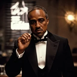 kanye west as the godfather in the godfather movie still, cinematic lighting, ray tracing, octane render, long lens, shallow depth of field, bokeh, anamorphic lens flare, 8 k, hyper detailed, 3 5 mm film grain,